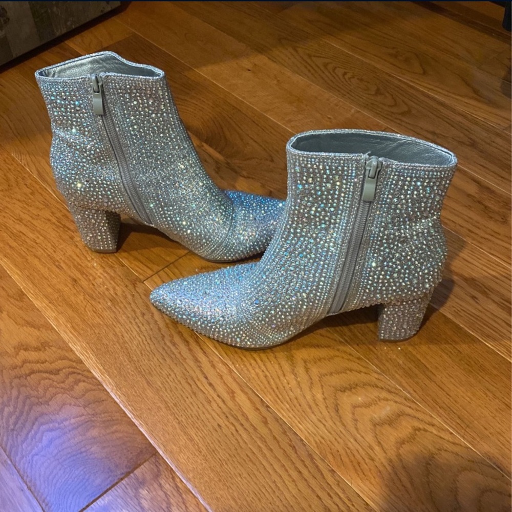 Silver rhinestone ankle heel boot